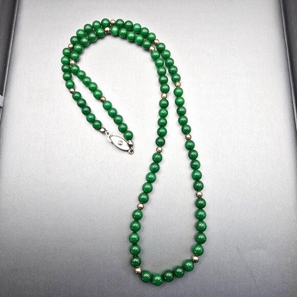 Antique Green Nephrite Jade 6mm Bead Necklace 23" Sterling Etched Fishhook Clasp - Picture 9 of 10